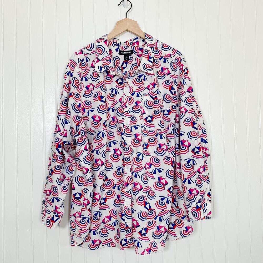 Lands End Womens Button Up Top Size 3X Novelty Beach Umbrella Roll Tab Sleeves